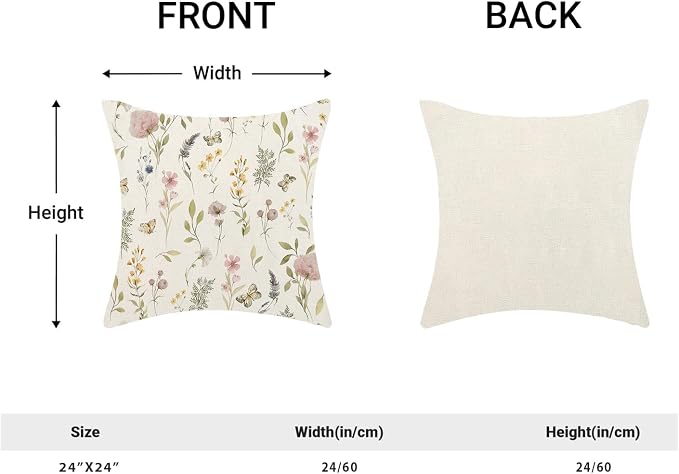 Spring Pillow Covers 24x24 Inch Set of 2, Sage Green Pink Wild Flower Throw Pillows Case,Colorful Seasonal Floral Plant Outdoor Decorative Farmhouse Decor Cushion Covers for Home Sofa Bed Couch