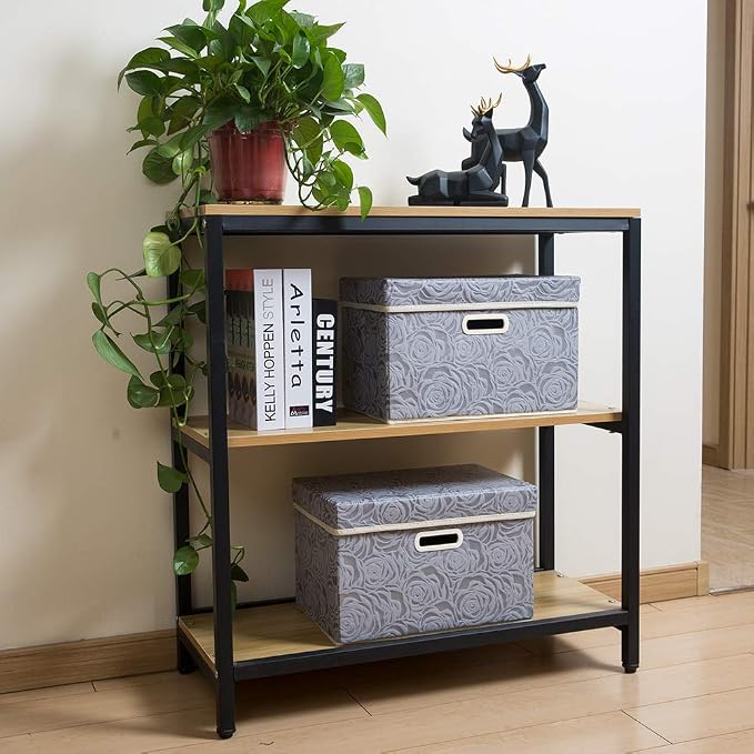 Foldable Storage Bins with Lids [5-Pack] Fabric Decorative Storage Box Cubes Organizer Containers Baskets with Cover Handles Divider for Bedroom Closet Living Room Grey 14.9x9.8x9.8 Inch