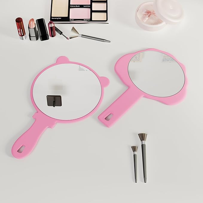 Compact Hand Mirror 2 Pcs – High-Definition Glass, Men or Women Salon Hairdressing Barber Hand Mirrors with Handle, Mini Mirror for Purse, Travel and Present (Pink, 5.91" L x 9.84" W (Cat Ears))