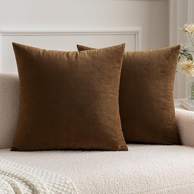 MIULEE Velvet Throw Pillow Covers 16x16 Inch Pack of 2 Chocolate | Soft Solid Small Decorative Pillow Covers, Modern Luxury Home Decor, for Couch Chair Sofa Bedroom Livingroom Car
