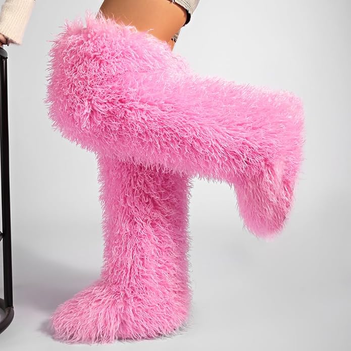 SWEETHEART BEAUTY Thigh High Shagy Teddy Fur Boots, 29 Inch Over the Knee Length Fluffy High Boots, Tall Furry Shoes For Women