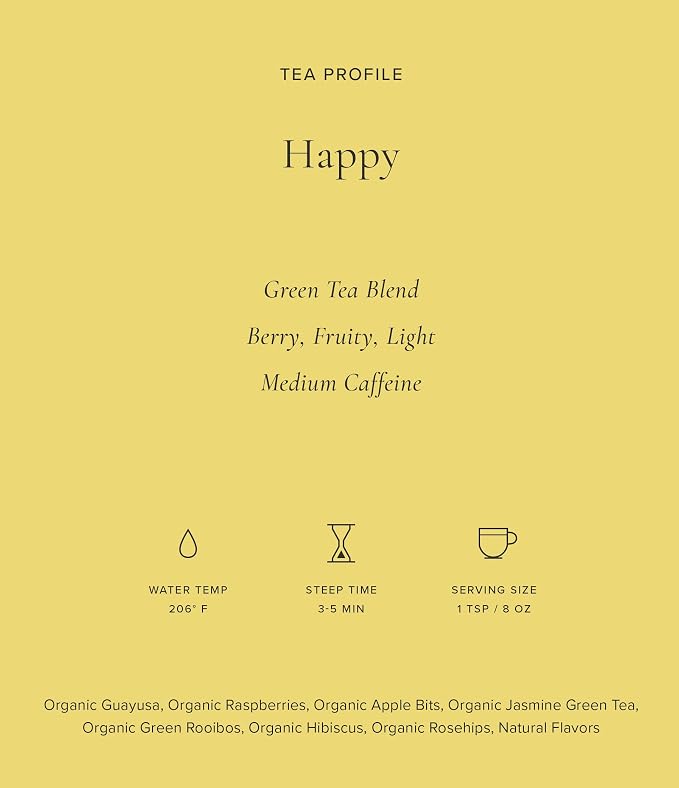 Art of Tea Happy Tea 50 Count Organic Green Tea Bags with Guayusa, Jasmine & Hibiscus, Fruity Energizing Tea Sachets for Energy Boost, Focus & Daily Wellness