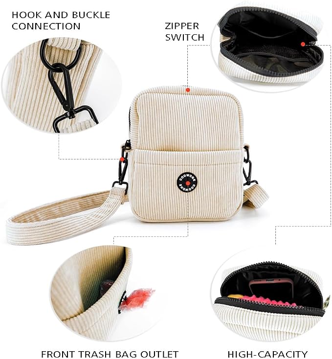 Velvet Dog Training Pouch | Large Capacity Pet Treat & Toy Bag with Built-in Poop Bag Dispenser (Beige-white)