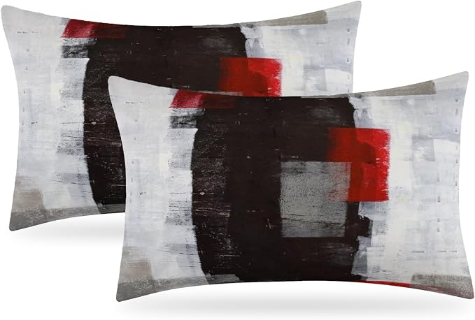 Red and Grey Abstract Art Pillow Cover, Modern Black White Decorative Throw Pillows Cushion Cover for Bedroom Sofa Living Room 12 x 20 Inch Set of 2