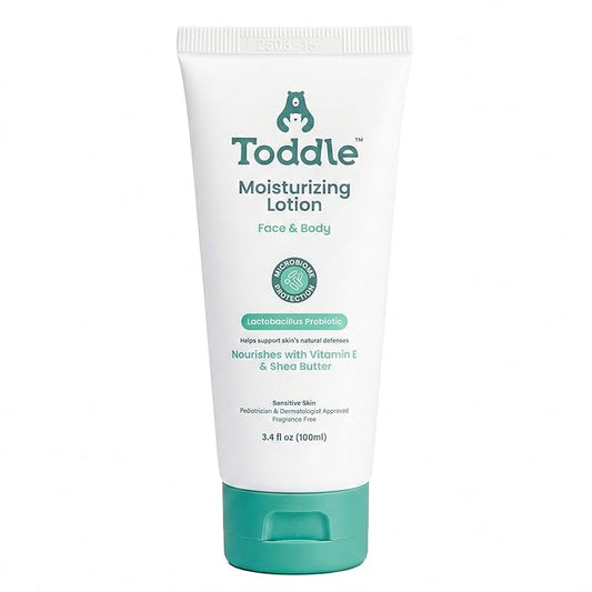 Toddle Probiotic Moisturizing Lotion for Face & Body, Eczema & Dry Skin Relief, Fragrance-Free with Vitamin E, Shea Butter for Sensitive Baby & Kids Skin, Pediatrician-Approved, 3.4oz