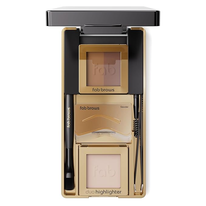 Fab Brows LUX Duo Stencil Eyebrow Kit - The Ultimate Brow Stencil Kit with Duo Brow Powder, Highlighter Powder, Stencil Shapes, Eyebrow Tools & Mirror - Eyebrow Stencil Kit Makeup - Light Brown/Medium