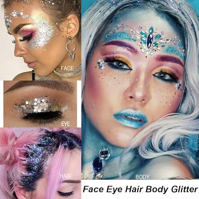 Mysense Blue Body Glitter Gel, Singer Concerts Glitter Makeup, Music Festival Rave Eye Hair Accessories, Chunky Glitter Mermaid Sequins, Sparkling Face Paint for Women, 30g