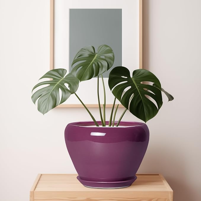 Ceramicfor 10 Inch Plant Pot - Ceramic Planter with Drainage Hole and Saucer, Round Modern Flower Pot for Indoor Outdoor Plants, Housewarming Gift, Home Garden Decor, Purple