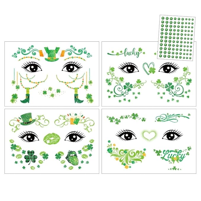 St Patricks Day Temporary Tattoos Green Leaf Blush Face Tattoos Mixed Styles Lucky Clover Shamrock Fake Tattoos Waterproof Freckles Face Tattoo Cute Makeup Stickers with Green Gems for Girls 4 Sheets