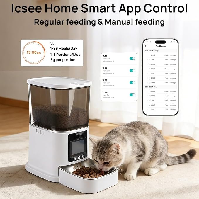 Automatic Cat Feeder with Camera Two-Way Video/Autio 5G WiFi, 5L | 3MP HD, Custom Voice, APP Control Automatic Dog Feeder with Night Vision, Cat Food Dispenser, Automatic Feeder Cat Dry Food