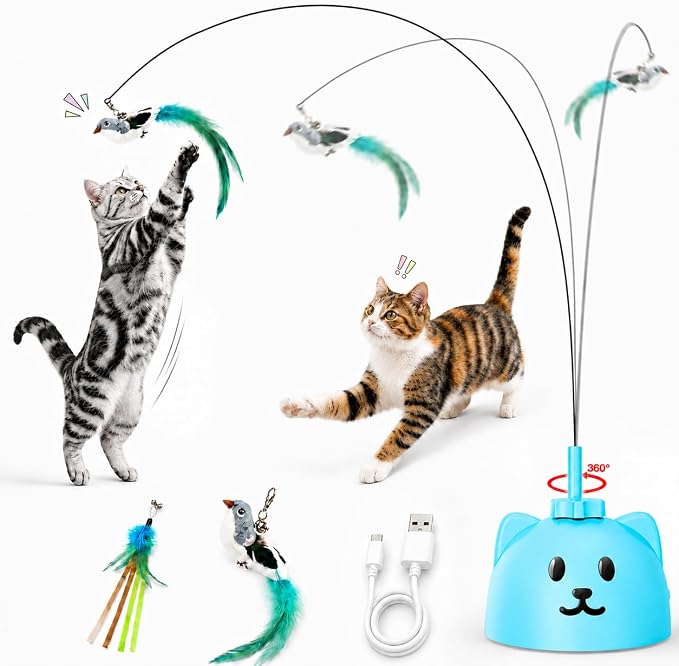 Interactive Cat Toys for Indoor Cats, 360° Automatic Spin Flying Bird Wand