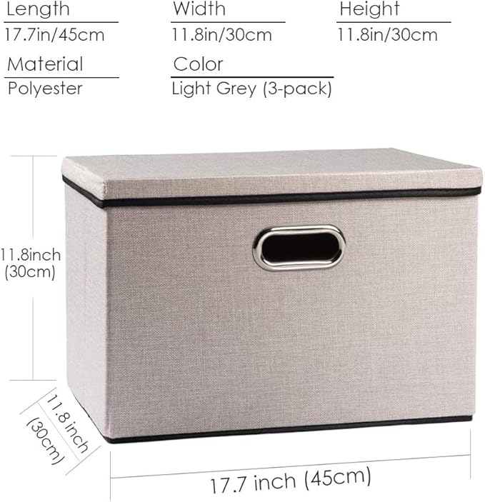 Large Foldable Storage Bins with Lids [3-Pack] linenFabric Decorative Storage Boxes Organizer Containers Baskets Cube with Handles Divider for Bedroom Closet Office Light Grey(17.7x11.8x11.8)