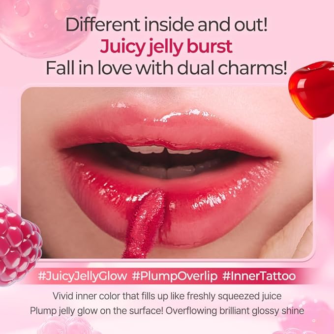 Berrisom Jelly Tattoo Tint, Long Lasting Korean Lip Stain with Jelly Texture, Transfer-Resistant Color, 3.8g / 0.13oz, 4 Shades (Cherryberry)