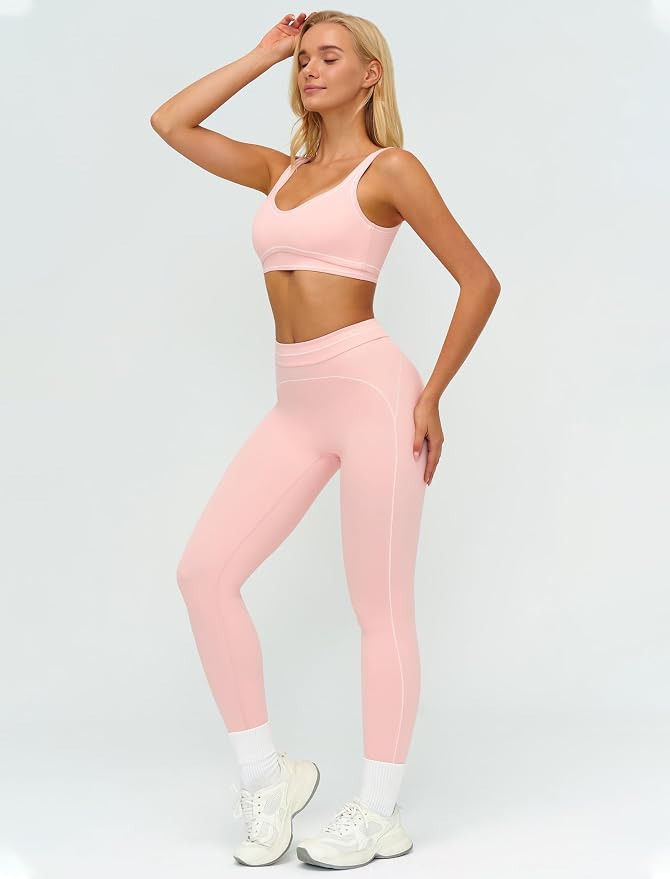 Women 2 Piece Workout U Back Color Block Sports Bra High Waist Tummy Control Active Leggings Yoga Pilates Outfits