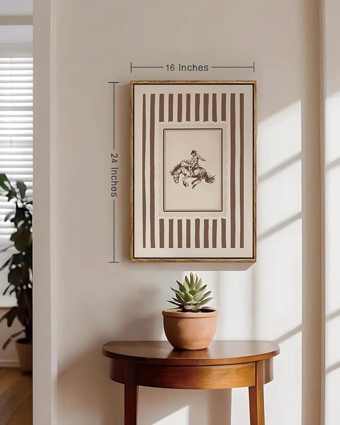 ZZLWBKGL Western Wall Decor Cowboy Canvas Art Vintage Framed Wall Art | Farmhouse Striped Painting Retro Nursery Artwork Mid Century Aesthetic for Living Room Bedroom 16x24in