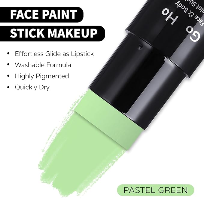Go Ho Pastel Green Face Body Paint Stick,Water Based Washable Light Green Face Paint Stick,Non-toxic Full-coverage Cream Light Green Body Paint for Halloween Costumes Cosplay SFX Makeup