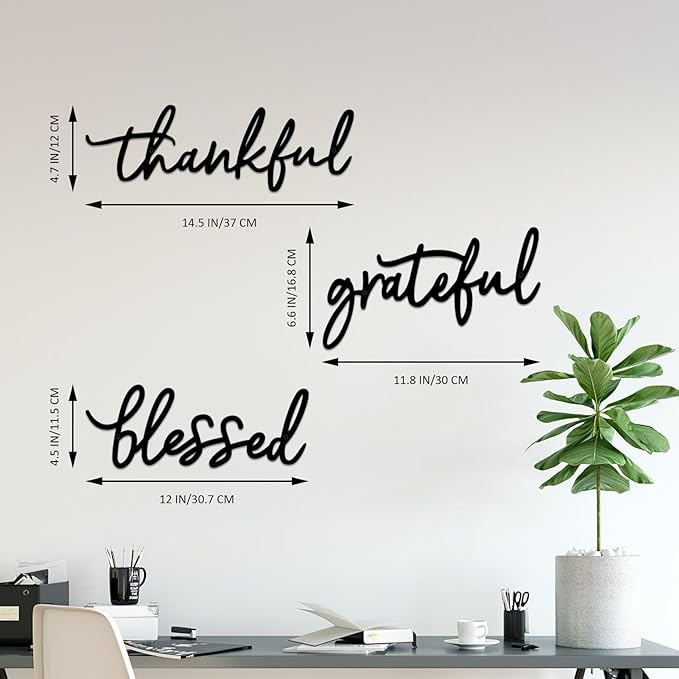 Thankful Grateful Blessed Letter Sign Metal Wall Decor, 3 Piece Black Letters Wall Art for Bathroom Bedroom Metal Words Wall Decor for Home Decor