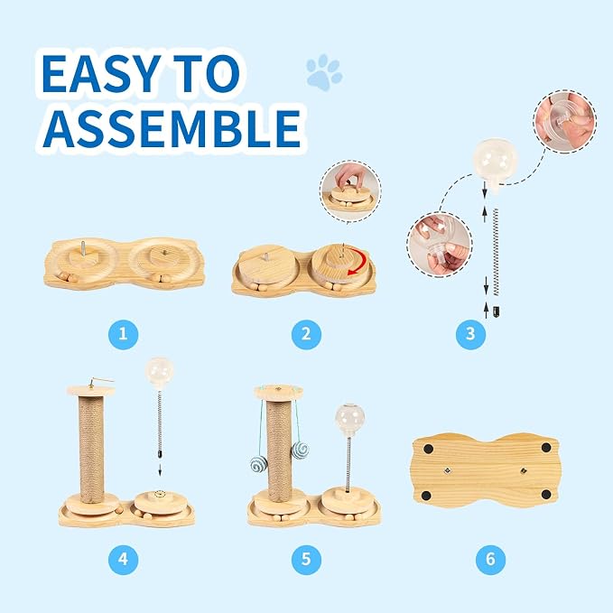 Marchul 4 in1 Interactive Cat Toy, Natural Sisal Cat Scratching Post with Hanging Balls, Cat Toys with Roller Track Ball by Wooden, Cat Food Feeder Toy with Treat Ball for Indoor Cats and Kittens