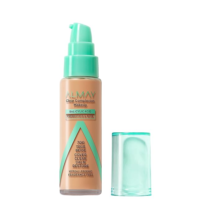 Almay Clear Complexion Acne Foundation Makeup with Salicylic Acid - Lightweight, Medium Coverage, Hypoallergenic, Fragrance Free, for Sensitive Skin, 700 True Beige, 1 fl oz. (Pack of 2)