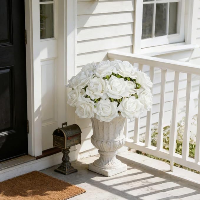 INXUGAO Artificial Flowers Fake Roses, 10 Pcs 28" Long Stem Silk White Roses for Outdoor Indoor, Realistic Faux Flowers for Tall Planter Vase Porch Patio Decor