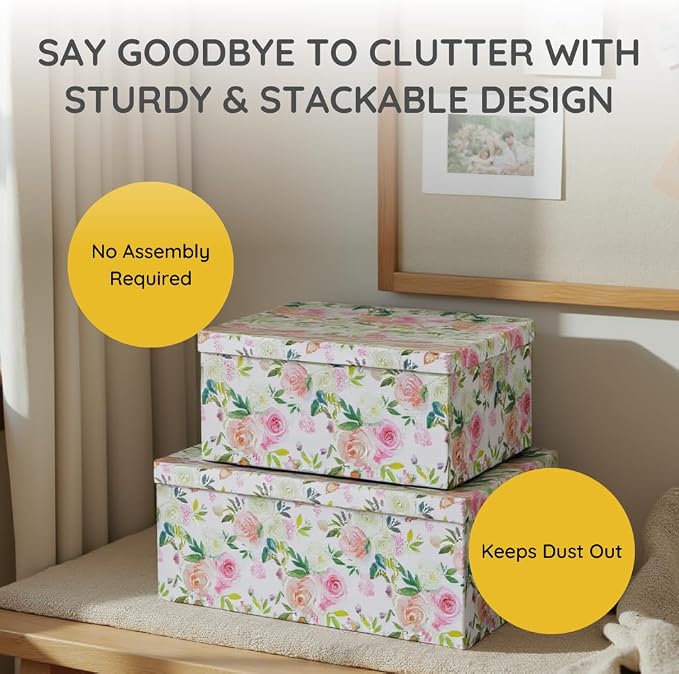 Soul & Lane - Summer Rose Decorative Storage Boxes with Lids, Set of 3 | Large Nesting Cardboard Keepsake Boxes for Photos and Gifts, Pink Vintage Rose Print Containers for Home Decor