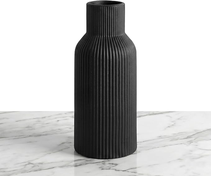Black Ceramic Tall Vase,Modern Smooth Vertical Ribbed, Nordic Minimalist for Pampas, Dried & Fresh Flowers, Home Decor for Living Room, Coffee Table, Bookshelf, Entryway, Farmhouse