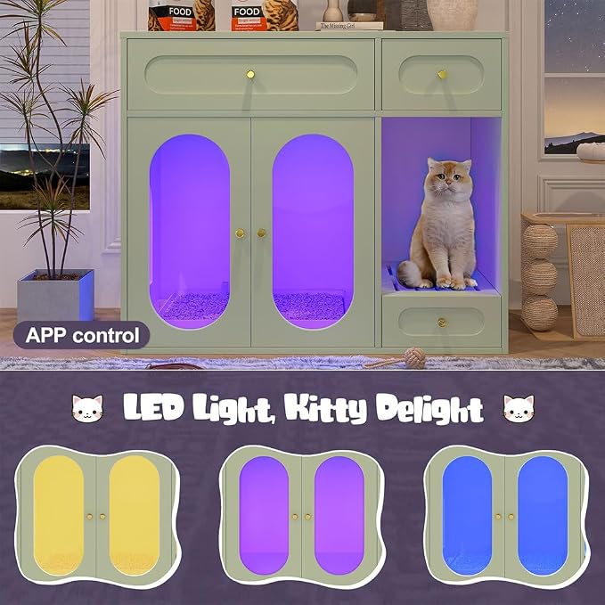 Hidden Cat Litter Box Enclosure Furniture with LED Light, Modern Litter Box Cabinet with Drawers & Acrylic Door, Multi-Entry Cat House Sideboard for Living Room, 37.4"W x 15.6"D x 31.5"H,Green