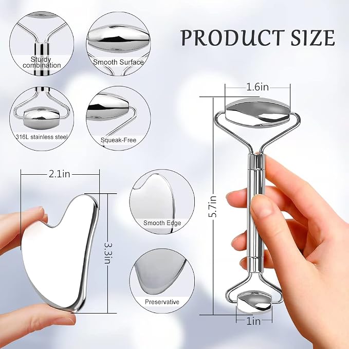 Gua Sha Facial Tools Set,Ice Face Rollers,Manual Acupuncture Pen,Stainless Gua Sha,3-in-1 Stainless Steel Massage Set for Women