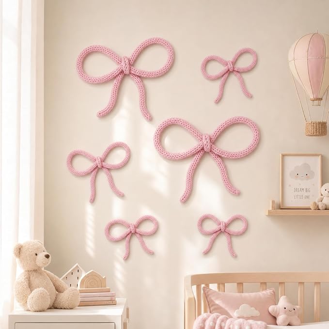 Barydat 6 Pcs Pink Bow Wall Decor Coquette Bow Nursery Decor for Girls Women Back to School Dormitory Decoration Aesthetic Woven Macrame Wall Hanging for Bedroom Classroom Home Dorm Baby Shower
