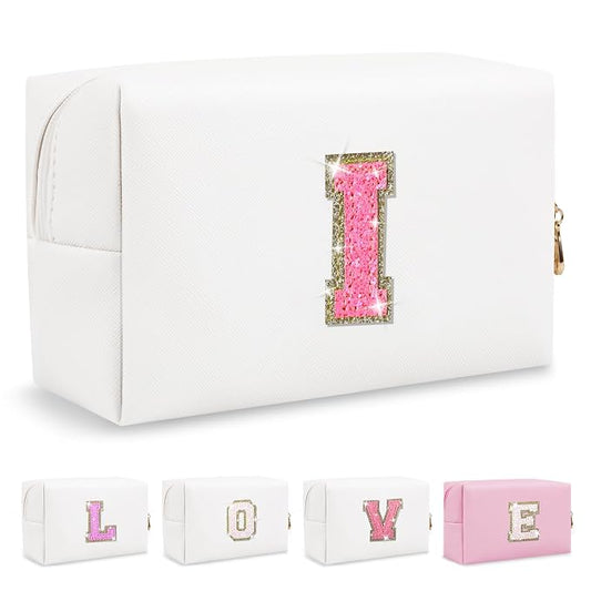 Small Personalized Initial A-Z Patch Makeup Bag,White Cute PU Leather Glitter Letter Cosmetic Bag for Teen Girls,Travel Toiletry Bag with Zipper,Preppy Monogrammed Birthday Gift for Daughter Niece I