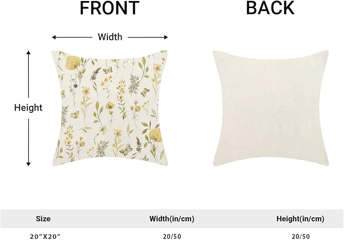 Spring Pillow Covers 20x20 Inch Set of 2, Mustard Yellow Green Wild Flower Throw Pillows Case,Colorful Seasonal Floral Plant Outdoor Decorative Farmhouse Decor Cushion Covers for Sofa Bed Couch