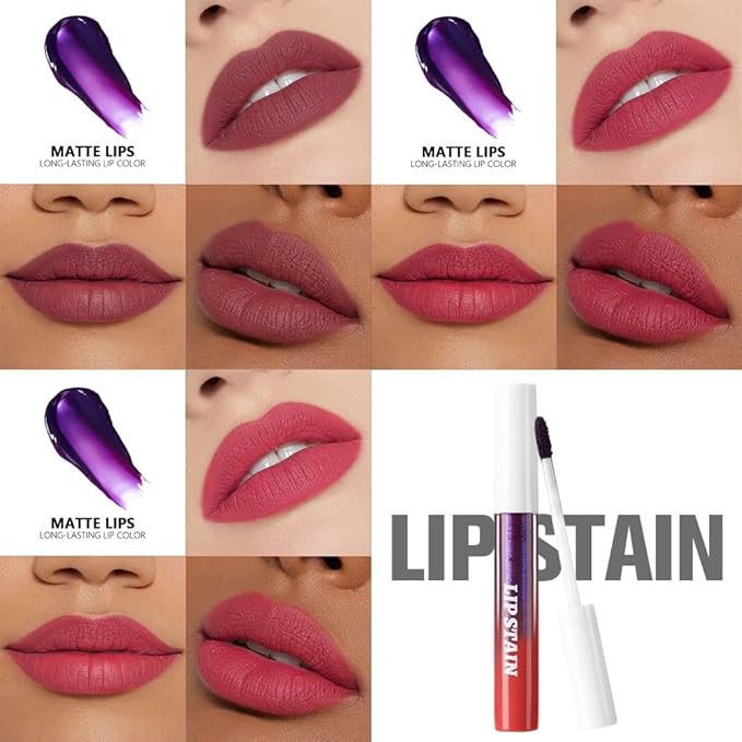 3Pcs Matte Liquid Lip Stain Peel Off Lip liner Tattoo with Tweezer, Maroon Red & Mauve & Red Lipstick Lipstain Long Lasting Waterproof for Women, Highly Pigmented Not Faded Smudge-proof Easy to Apply