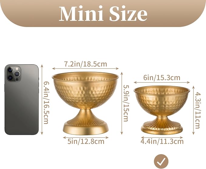 Sziqiqi Gold Urn Vase for Flowers, Wedding Table Compote Vases, 4.3in, 2Pcs | Hammered Vintage Urn Vase, Wedding Table Decoration Centrepieces Set, For Artificial Flowers,Party, Home Decor, Anniversary