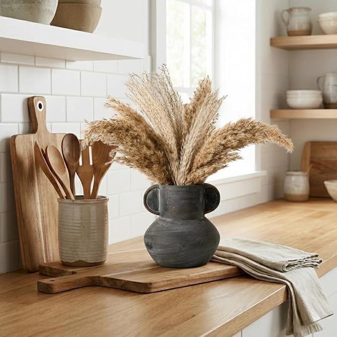 Emotionally Grounded Vase, Vaseking Ceramic Rustic Vase with 2 Handles, 6.1 inch Minimalist Decorative Farmhouse Vases for Home Decor, Living Room, Enterway, Table Decoration, Black Bronze