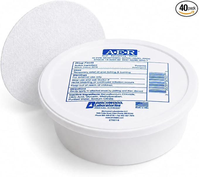 Birchwood Laboratories A-E-R Pre-Moistened Medicated Cooling Witch Hazel Pads For Hemorrhoid & Postpartum Relief, 40 Count