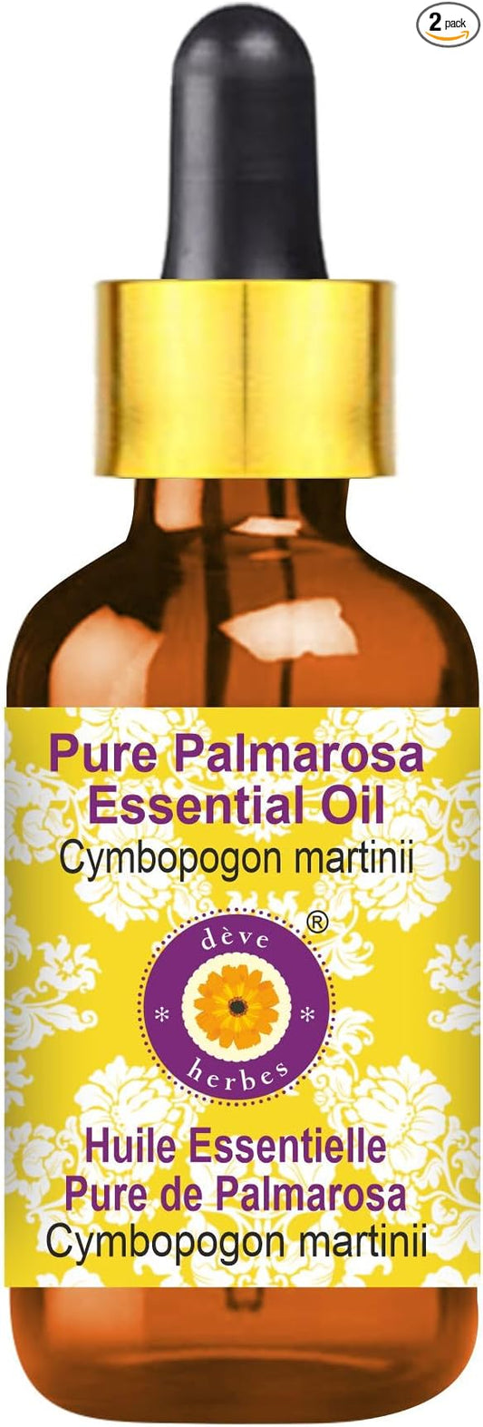 Deve Herbes Pure Palmarosa Essential Oil (Cymbopogon martinii) with Glass Dropper Steam Distilled 100ml (3.38 oz)