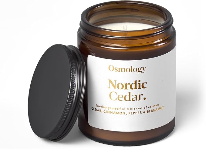 Osmology Nordic Cedar Aromatherapy Candle – Cedarwood, Cinnamon & Bergamot Scented Candle, Plant-Based Wax in Amber Apothecary Jar, 7 oz, 50 Hour Burn Time, Warm & Cozy Candle