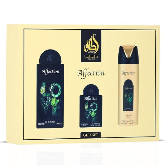 Lattafa Pride - Affection for Men - 3 Pc Gift Set 3.4oz EDP Spray, 6.67oz Perfumed Body Spray, 0.67oz EDP Spray