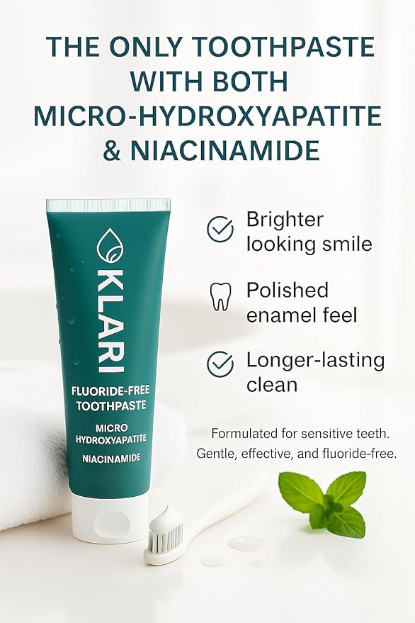KLARI Fluoride-Free Toothpaste with 7.5% Micro-Hydroxyapatite & 1% Niacinamide | Clean Mint | Gentle for Sensitive Teeth | SLS-Free, Paraben-Free | 4.23 oz