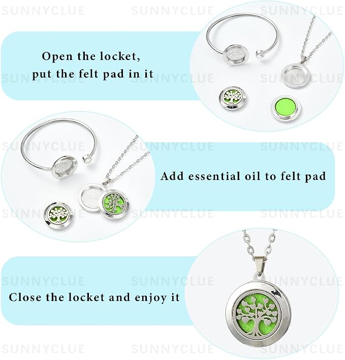 SUNNYCLUE 1Pc Essential Oil Diffuser Bracelet 1Pc Essential Oil Necklace with 4Pcs Refill Pads Tree of Life Stainless Steel Adjustable Bangle Bracelets Necklaces Aromatherapy Jewelry for Women Gift