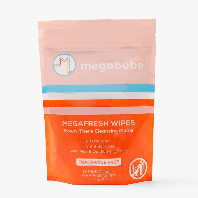 Megababe Megafresh Wipes | Unscented Cleansing Wipes for the Intimate Area | pH Balanced, Front & Back Use | 16 Individually Wrapped Wipes (Pack of 1)