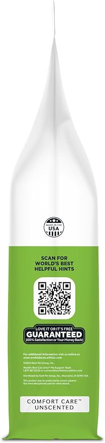World's Best Cat Litter, Comfort Care, Unscented, Odor Control, 15 lb Bag | Gentle odor control for sensitive cats and lasts 2x longer; natural corn litter, quick clumping, flushable, 99% dust free