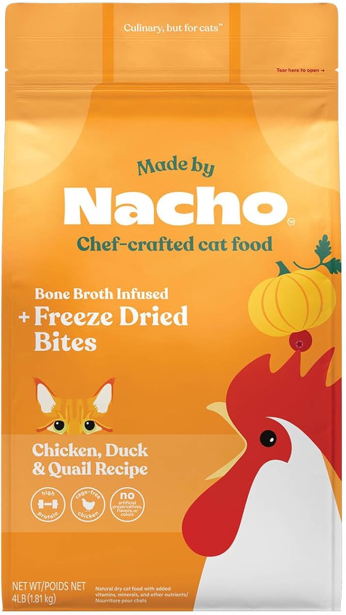 Made by Nacho Dry Cat Kibble 4lb Bag, High Protein Premium Cat Food with Freeze Dried Pieces, Cage-Free Chicken & Duck, Limited Ingredients, Single Bag | Protein-forward dry cat food with premium ingredients and craveable texture for everyday feeding