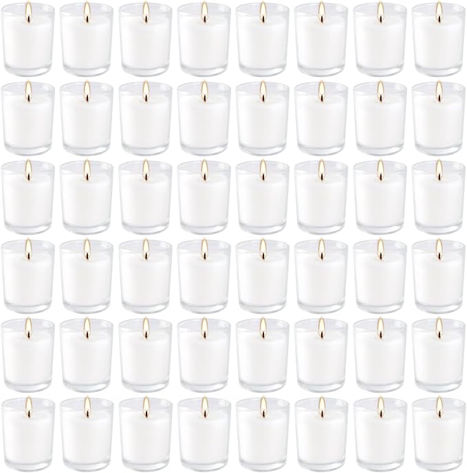 YOROXRG 48 Pack White Unscented Clear Glass Filled Votive Candles. Hand Poured Wax Candle Ideal Gifts for Home Décor Parties Weddings Holidays and Meditation (White)