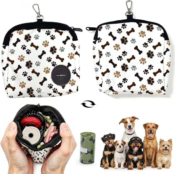 Dog Training Treat Pouch 5.12 x 4.72 Inch Clip on Pet Treat Bag Paw Print Pattern Polyester Portable Snack Reward Dog Food Dispensers with 1 Roll Garbage Bags for Traveling Outdoor Use