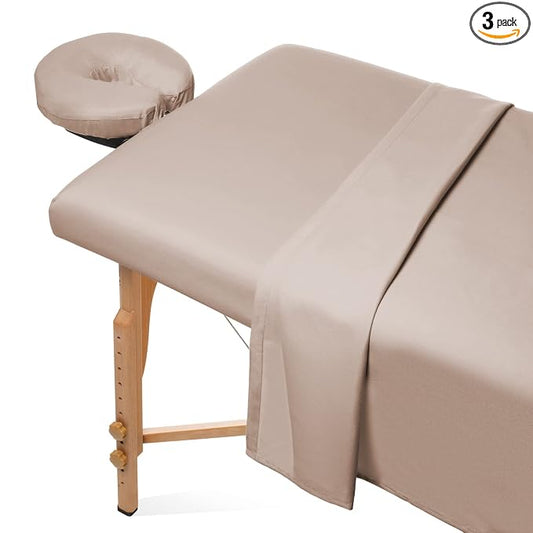 Saloniture 3-Piece Microfiber Massage Table Sheet Set - Premium Facial Bed Cover - Includes Flat and Fitted Sheets with Face Cradle Cover - Sand Brown