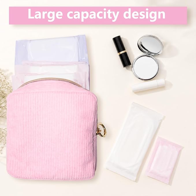 Period Bag for Girls, Corduroy Period Kit with Sanitary Pad Pouch, Menstrual Storage Bag and Tampon Holder for Purse, Girls School Essentials,Feminine Care Organizer(Pink)