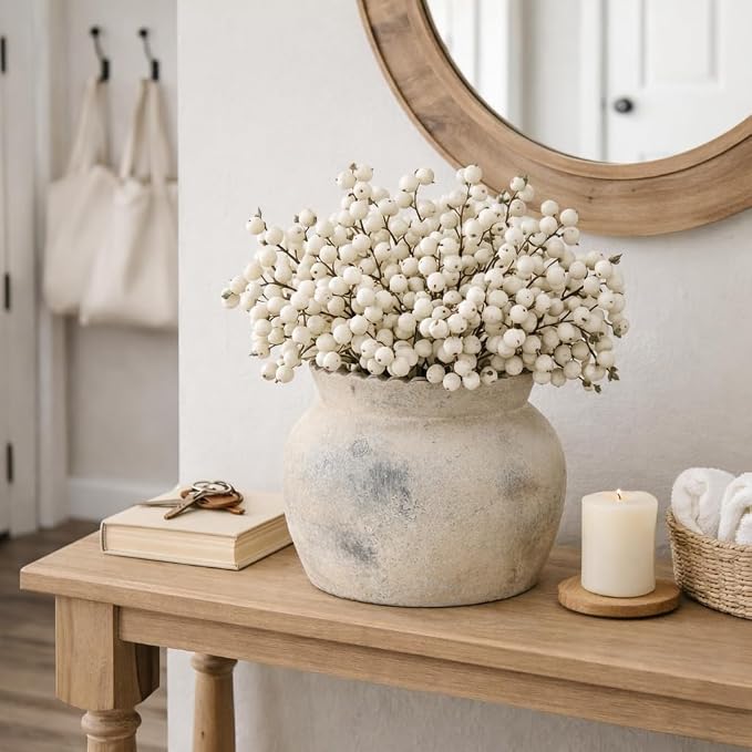 SIDUCAL Ceramic Flower Vase with Wide Mouth Lace, 5.1 Inch Pottery Rustic Farmhouse Boho Vases, Small Terracotta Vase for Home Decor, Table, Living Room, Bathroom, Shelf, Wedding, Terra