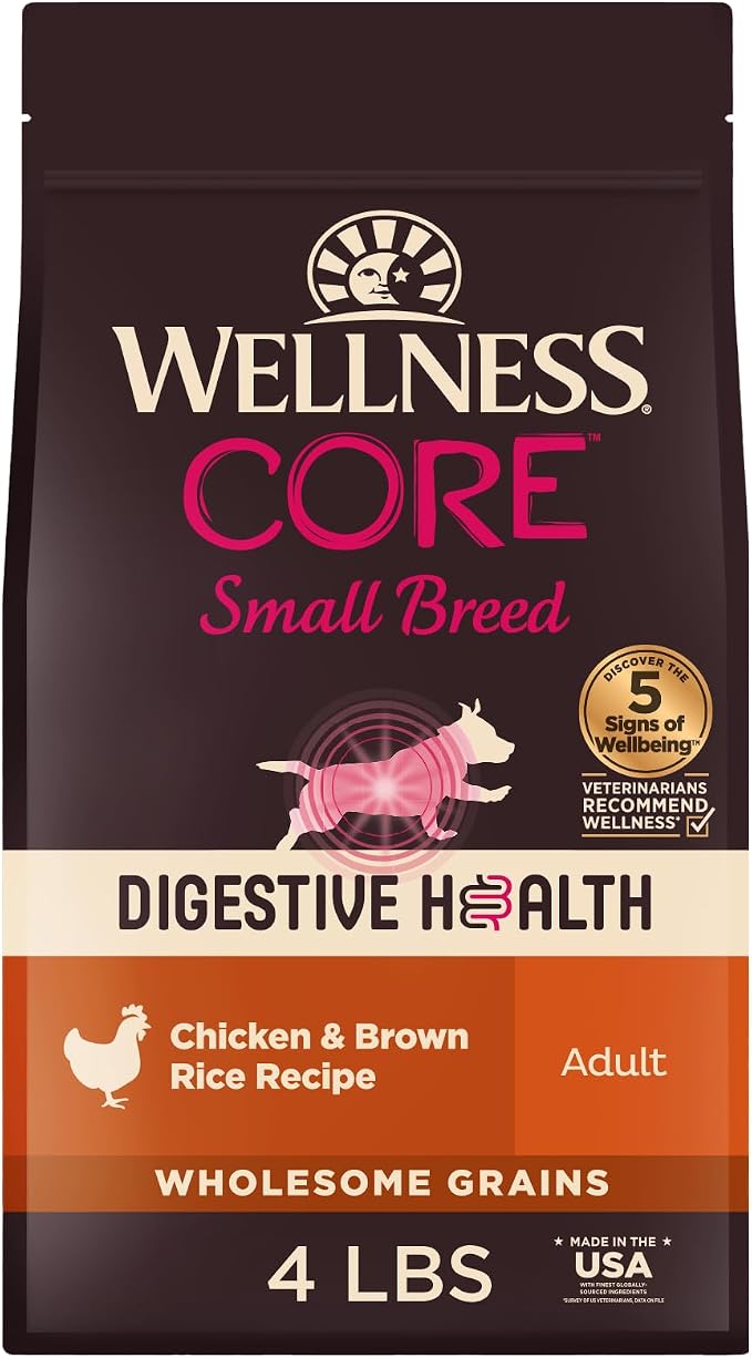Wellness CORE Digestive Health Small Breed Adult Dry Dog Food, Wholesome Grain Kibble, Sensitive Stomach, Natural, High Protein, Chicken Recipe, 4 lb Bag