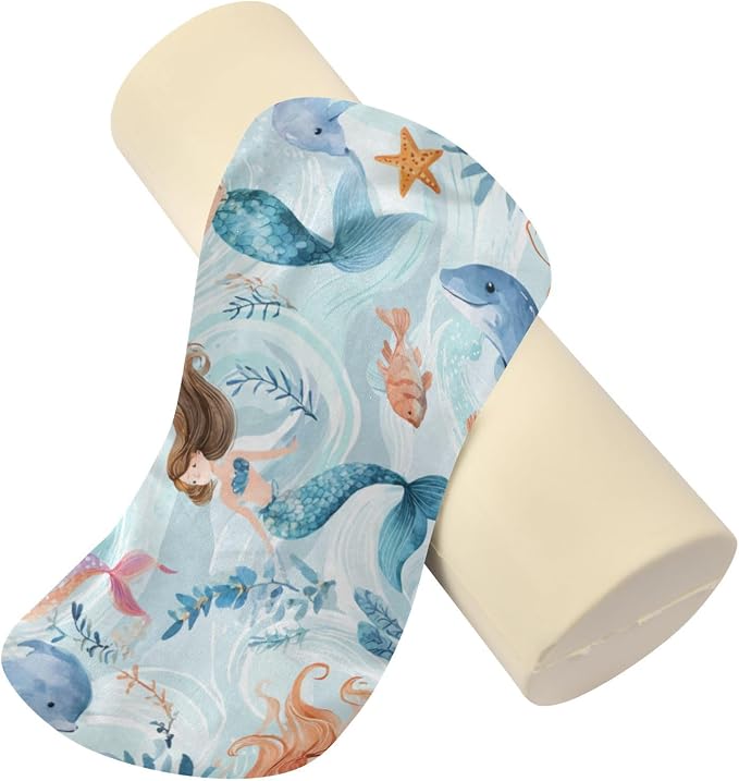 Watercolor Mermaid Dolphin Blue Neck Roll Pillow Bolster Round Health Memory Foam Long Cervical Cylinder Pillows with Removable Washable Cover for Body Bed Legs Back Yoga